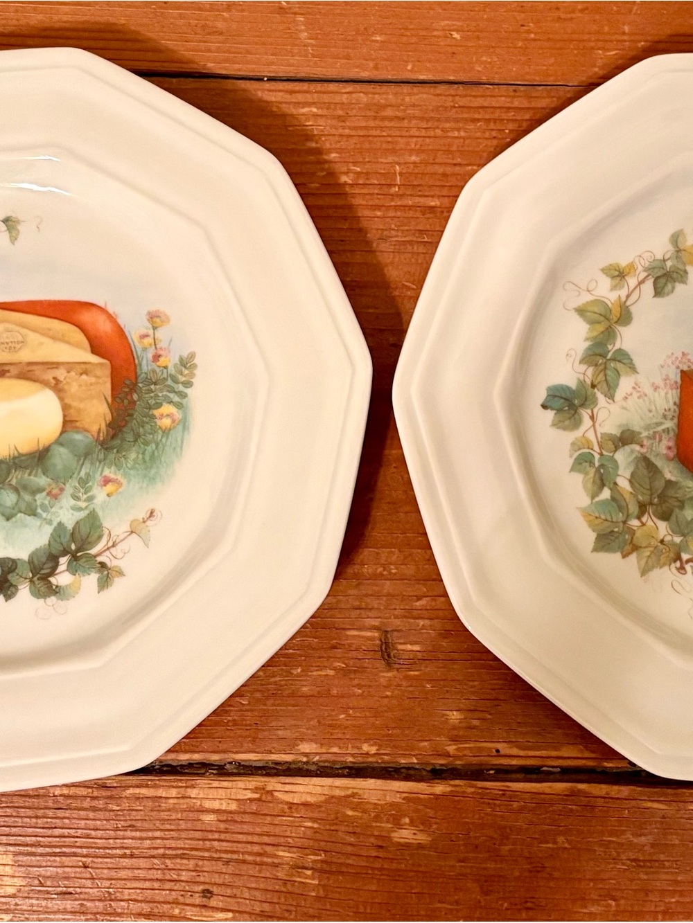Octagonal Cream Plate Pair with Cheese & Floral Motif by CNP France